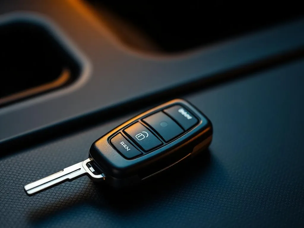 Chave automotiva com transponder sobre painel escuro durante programação