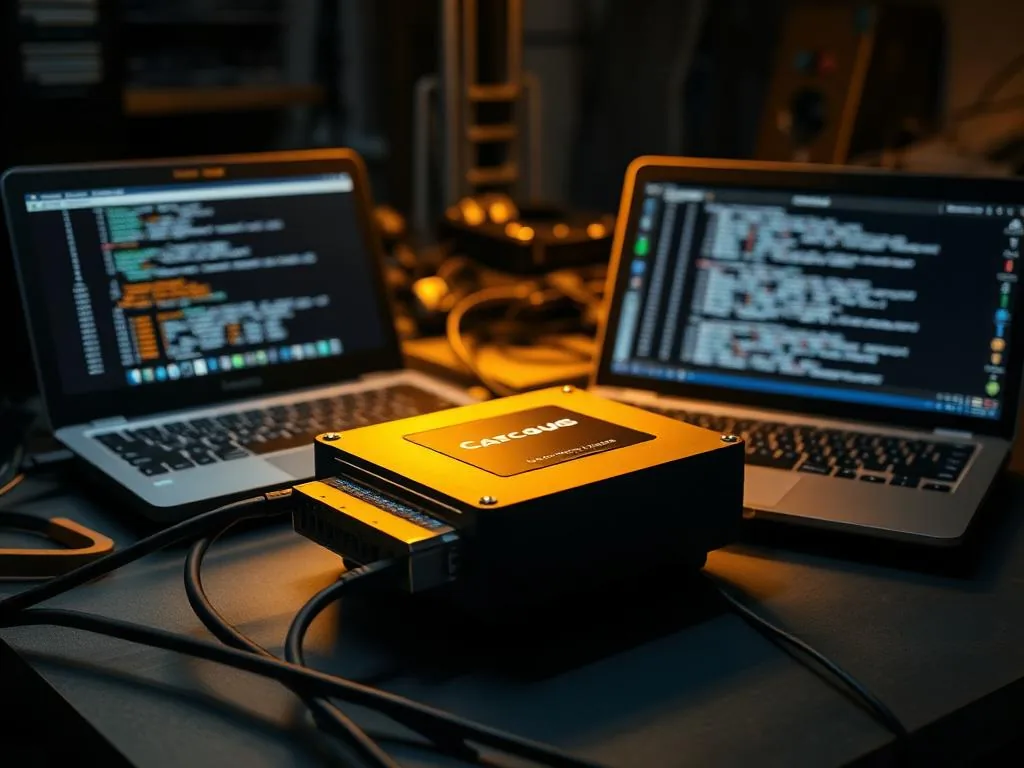 Módulo eletrônico automotivo conectado à bancada de programação com notebooks